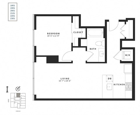 Floor plan for 1 bed, 1 bath, 730 sqft